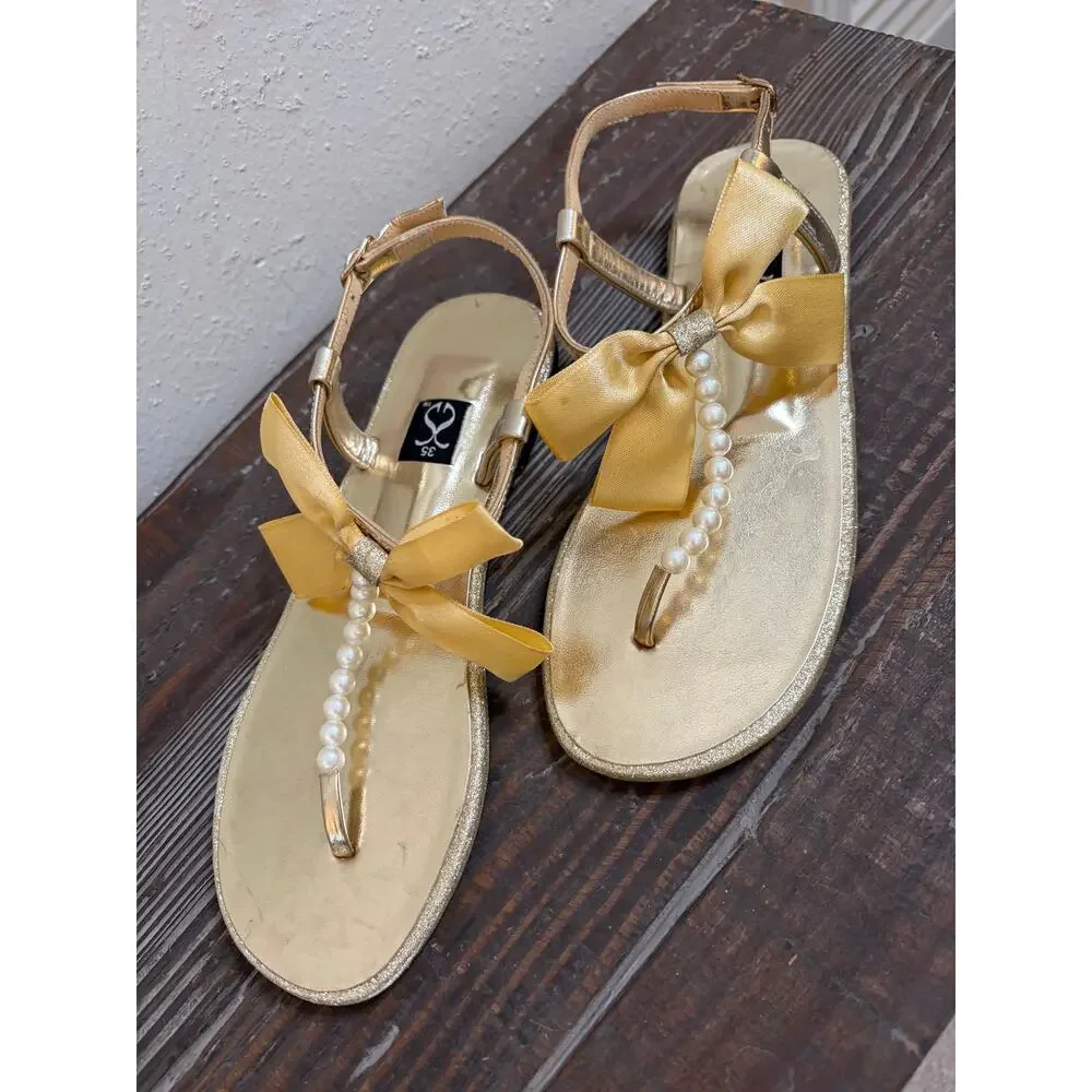 Gold Metallic Sandal With Bow and Pearls Girls Size 4.5